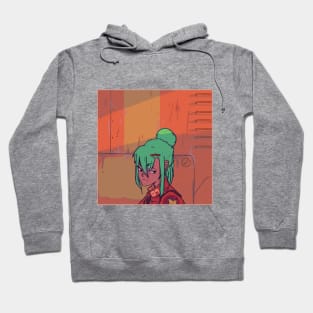 Cyberpunk green haired girl with a rustic orange background Hoodie